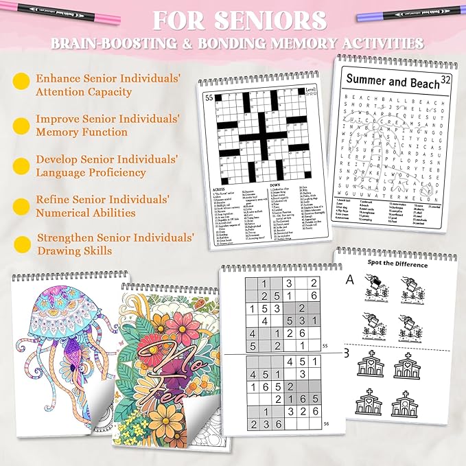 Vashly Large Print 350+ Memory Activities for Seniors: 6-In-1Set Brain Exercise Books with Sudoku, Crossword, Word Hunt & Coloring Books, A4 Spiral Bound, Includes 24 Markers, Gift for Elderly Adults