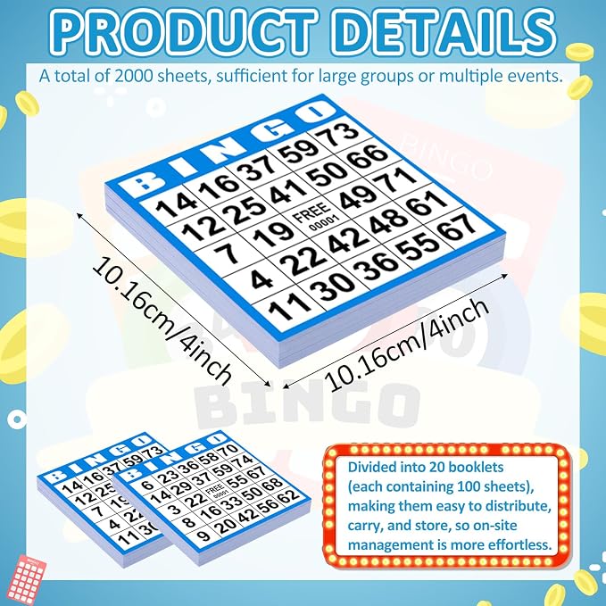 Harloon 1000 Sheets Bingo Paper Game Cards 20 Books 4"x4" Disposable Cards Suit for Family Game Nights Large Groups Activities (Blue)