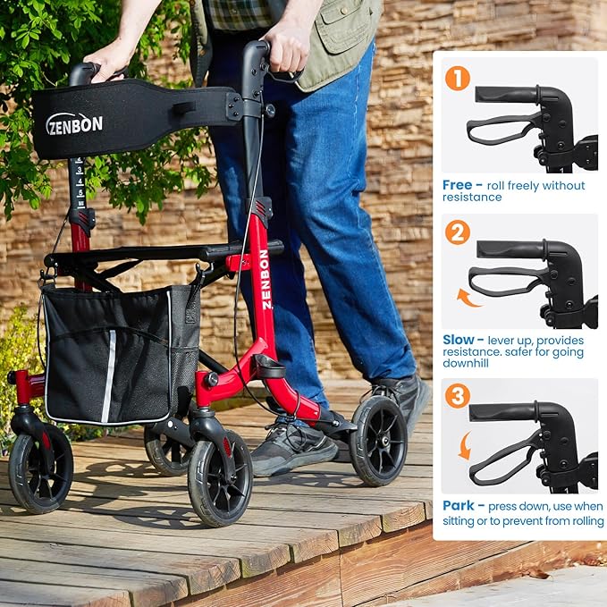 Rollator Walker for Seniors/Adults Foldable Rolling Walker with Seat 330 lbs Capacity 4 Big 8 inch Wheels Hand Grips Adjustable Height Lightweight Aluminum Walker Removable Back Support 7209(Red)