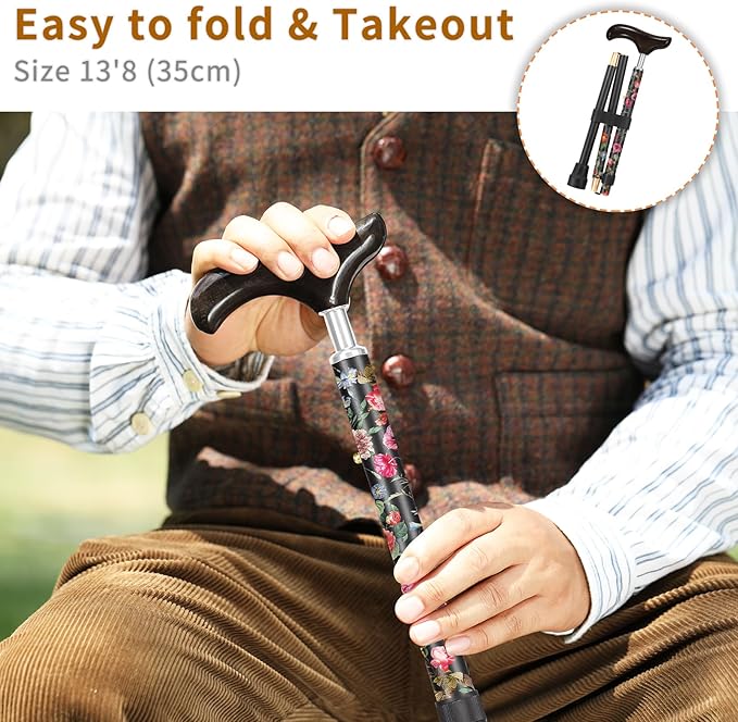 Stylish Foldable Walking Cane - Pattern Printed, Adjustable, for Men and Women Stability and Balance, Light Weight, for 5'~6' Height