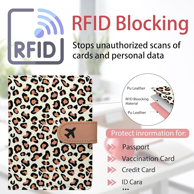 Passport Holder, Cute Travel Wallet Cover with RFID Blocking,Leopard | PU leather travel wallet with magnetic closure, card slots, pen loop, and easy access for passports and essentials.