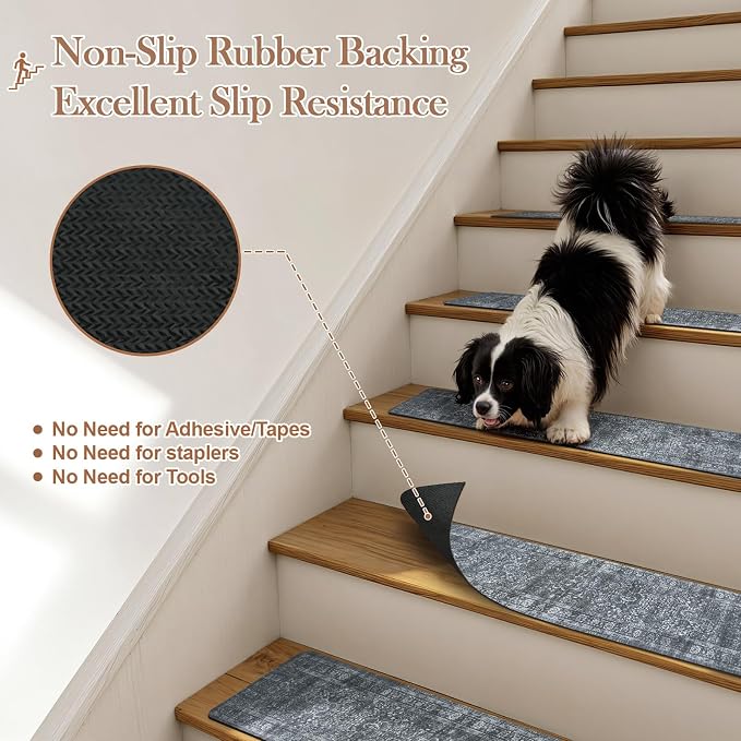 OJIA Stair Treads Non-Slip Stair Runner for Wooden Steps 15PC 30"x8" | Vintage Carpet Stair Treads for Wood Steps Indoor Stair Mat Staircase Step Treads for Kids, Elders, Dogs, Stair Covers, Gray
