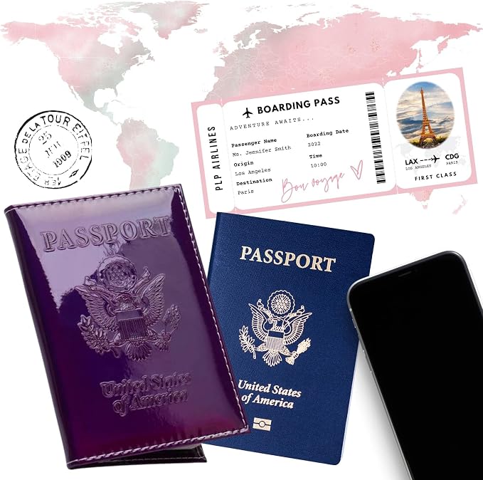 Chrome Passport Cover Vaccine Card Holder Combo, Passport Holder with Vaccine Card Slot (Purple)