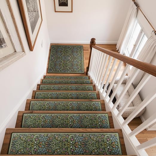 OJIA Stair Treads Landing Mat Non-Slip Stair Runners for Wooden Steps | 31"x31" Floral Carpet Stair Treads Matching Rug Stair Mats Staircase Step Treads for Kids, Elders, Dogs, Stair Covers, Green