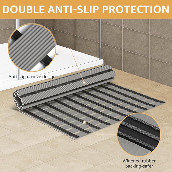 Yolife PVC Large Shower Mat, 35.4 × 24 Inch Non Suction Cup Non Slip Shower Floor Mat, Easy to Cut & Curlable Stand Up Shower Stall Mat, Heavy Duty Bath Shower Mats for Inside Shower
