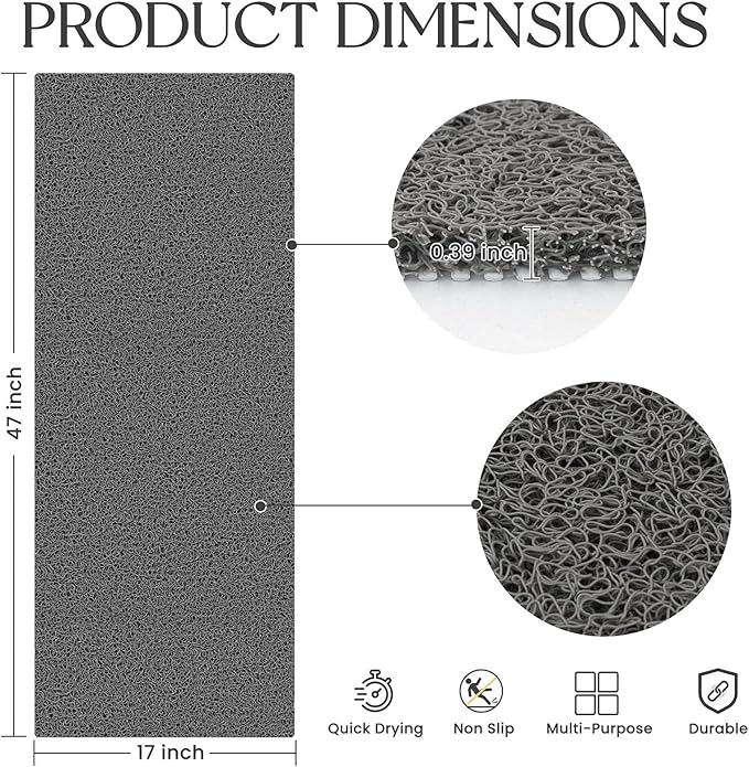 Bathtub Mat Non Slip, 47x17 Inch Shower Mats for Inside Shower, PVC Loofah Bathroom Mat Quick Dry with Drain Hole, Phthalate-Free Bath Mats for Shower Bathroom Tub and Wet Areas (Grey)
