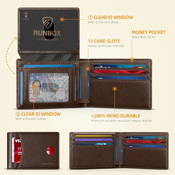 RUNBOX Wallet for Men -Slim Rfid Leather Mens Bifold Novelty Wallets 2 ID Window With Gift Box Men's Accessories | Minimalist Front Pocket Design, Holds 15 Cards, Large Capacity with Cash Pocket,Compact and Thin, Birthday Gifts for Men