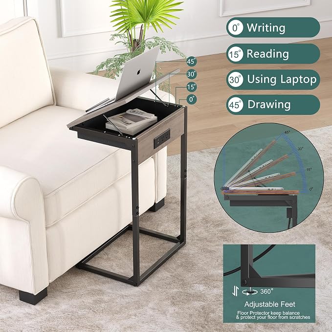 sthmec C Shaped End Table with Charging Station,45° Tiltable Adjustable Flip Top Side Table Set of 2,Small C Table Set 2 for Small Spaces,Slide Under Couch Sofa Bedside Table Living Room,Grey
