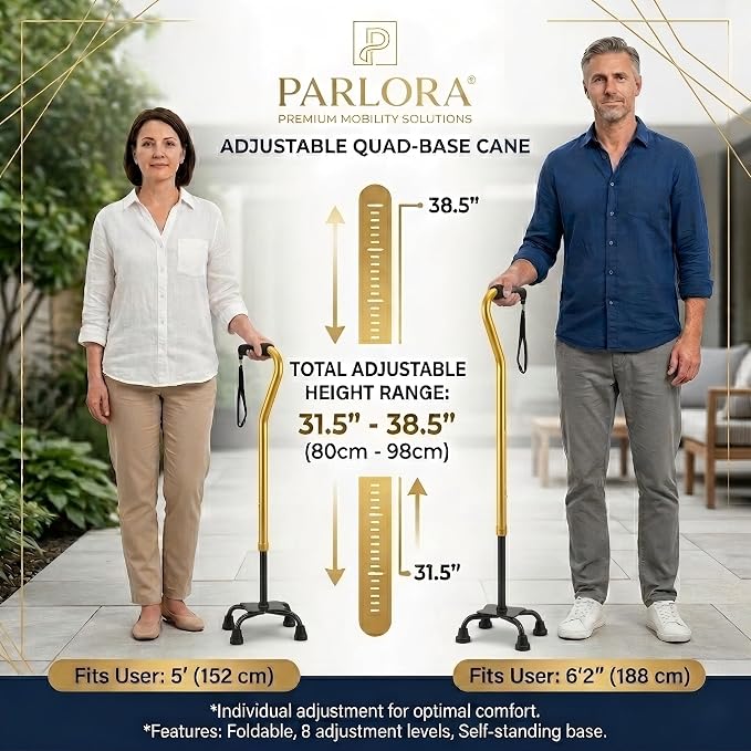 PARLORA Walking Cane 4 Prong for Stability - 3-in-1 Foldable Heavy Duty Cane with Interchangeable Quad & Single Bases, 8 Adjustable Heights, Offset Handle & Wrist Strap for Women, Men & Seniors