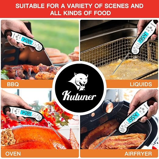 Instant Read Food Thermometer, White Waterproof Digital Meat Thermometer with 4.6" Folding Probe, Backlight & Calibration, 2-3s Fast Reading for Kitchen Baking Grilling Cooking - White