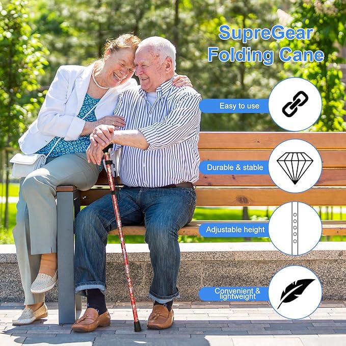 supregear Folding Cane, 5-Level Adjustable Height Walking Stick Lightweight Collapsible Portable Travel Cane with Wrist Strap and T Handle for Elderly Disabled Men Women