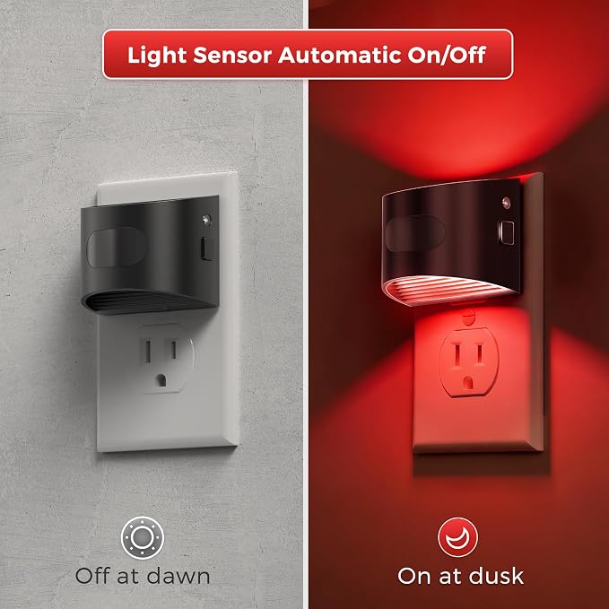 L LOHAS LED Motion Sensor Night Light, Night Lights Plug into Wall, 2 Pack | Nightlight with Dusk to Dawn & Motion Detection Sensor, 30-100Lm Adjustable Brightness, Red Light, Black Housing
