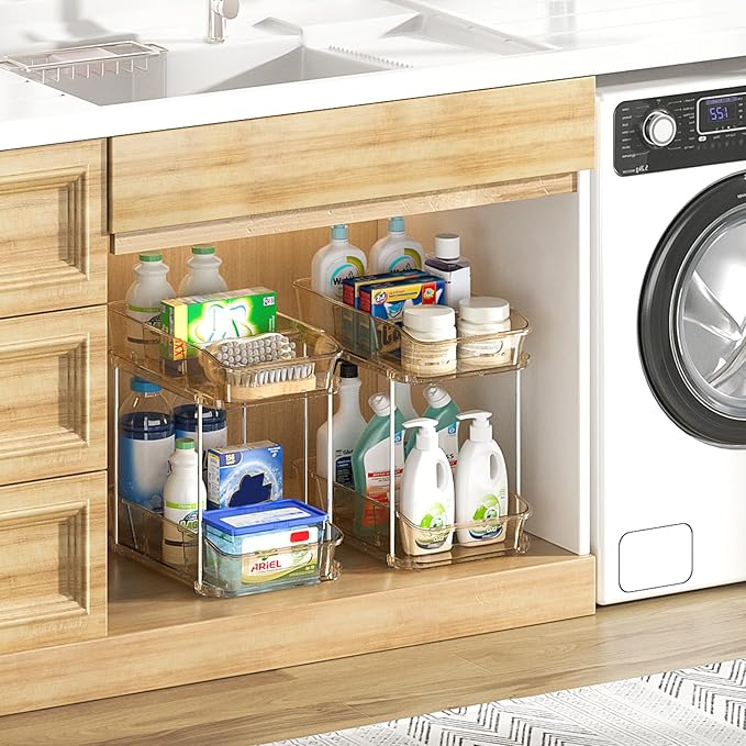 Delamu 2-Tier Under Sink Organizers and Storage, Multi-Purpose Stackable Bathroom Cabinet Organizers, Pull Out Kitchen Pantry Organization and Storage with Dividers Amber, 4 Pack