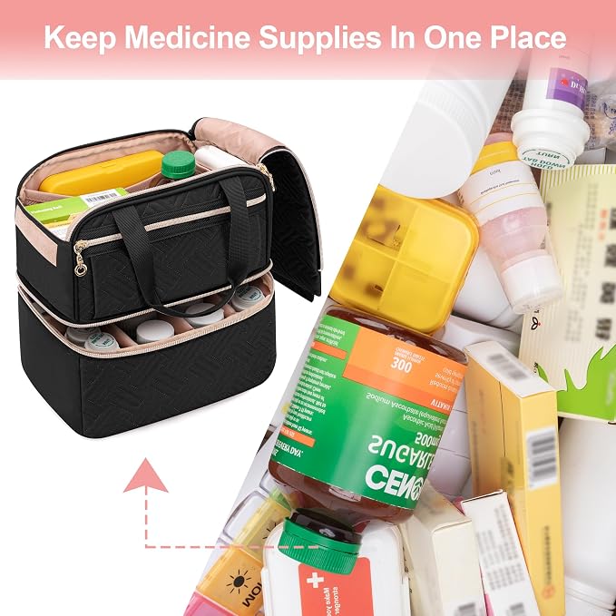 Damero Double Layers Pill Bottle Organizer Empty with 4 Customized Dividers | Lockable Medicine Storage Bag Medication Travel Bag for Prescription Bottles, Medical Supplements, Black