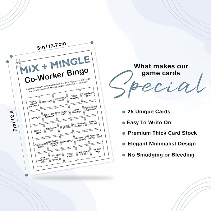 Office Bingo Cards, 25 Unique Randomized 5x7 Sheets, Get to Know You Bingo Game for Adults, Ice Breaker Office Party Games, Team Building Games for Work, High Replay Value - B002