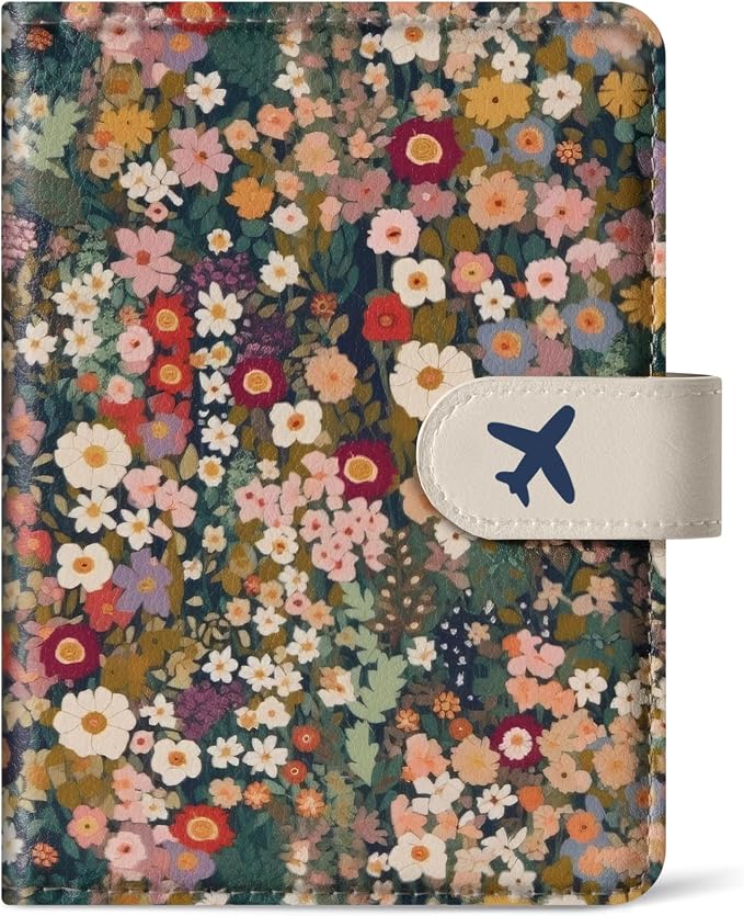 Passport Holder for Travel Essentials, RFID Blocking Leather Cover Wallet with Magnetic Closure, Aesthetic & Cute Passport Book Case for Women and Men - Flower