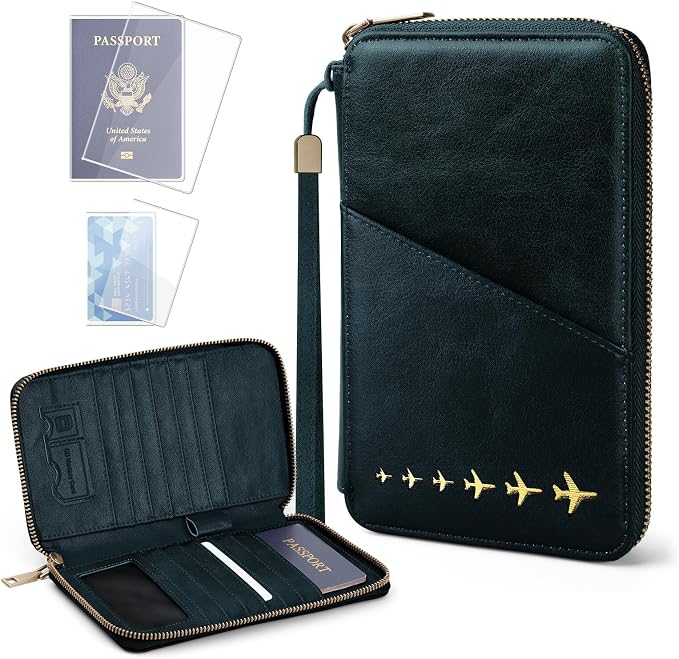 Family Passport Holder for 4 Travel RFID Blocking Passport Holder | With Clear Passport Cover, Anti-Theft, PU Material, Travel Document Organizer, Green