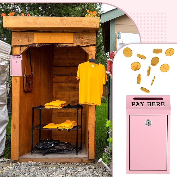Yaocom Safe Metal Cash Box for Farm Stand – Money Drop and Secure Donation Collection, Wall Mount Lockable Unit with Pre Drilled Holes for Outdoor Self Serve(Pink,10.2 x 5.7 x 2.8 Inch)