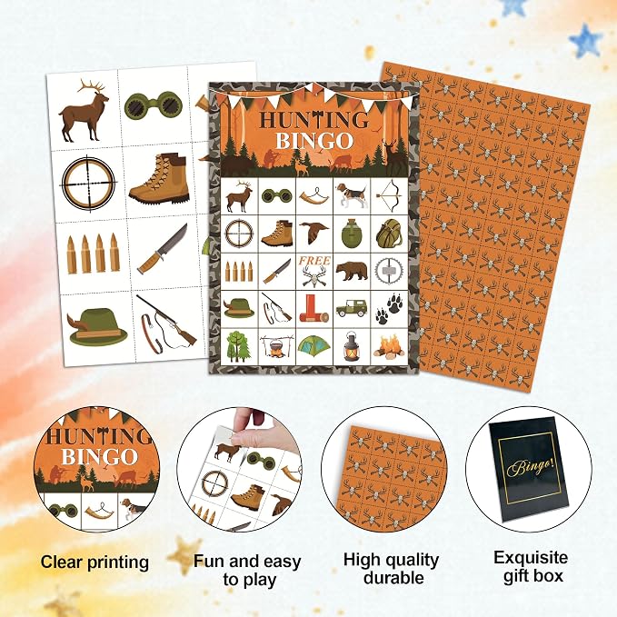 Hunting Bingo Game Cards, Hunting Deer Bingo Set for Adults Large Group, Camouflage Deer Themed Fun Games, Camo Party Activities, Icebreaker Games for Family Friends, 10