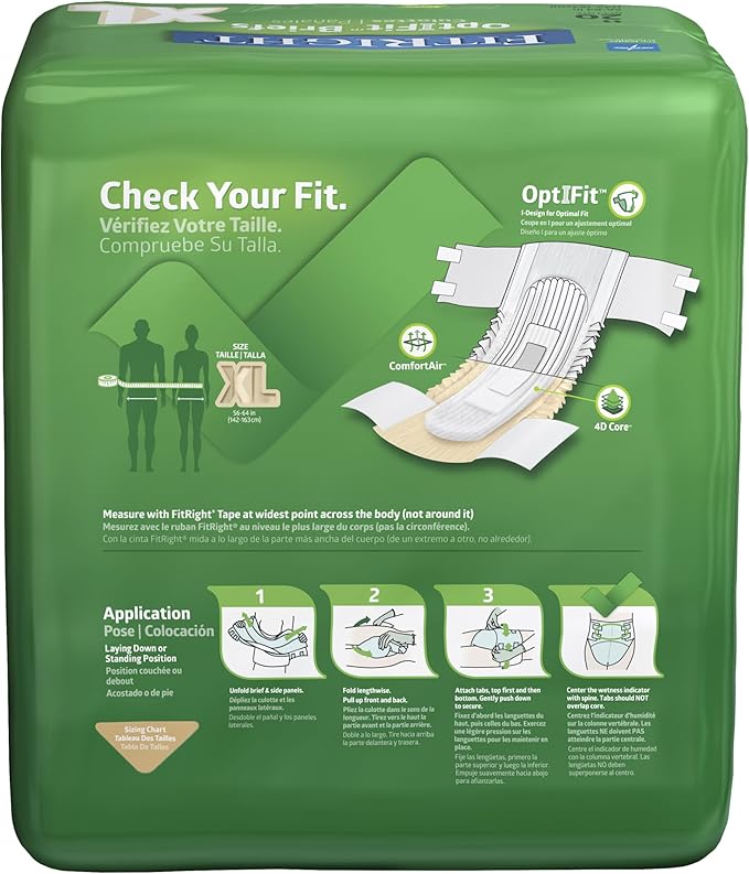 FitRight Adult Diapers, Extra Heavy Absorbency, XL (Waist Size 56in-64in), 20 Count, OptiFit Incontinence Briefs for Men and Women, Disposable, Moisture Wicking, Leak Protection,