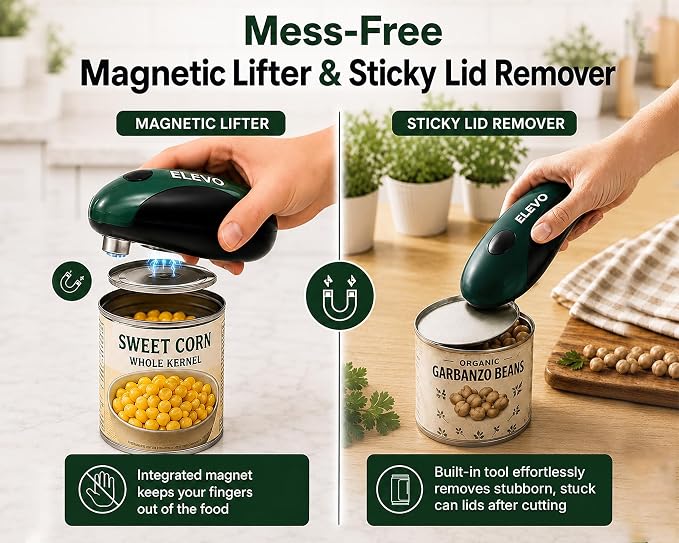 ELEVO Electric Can Opener – USB-C Rechargeable, Hands-Free Automatic Tin Opener | 360° One-Touch Smooth Edge, Magnetic Lid Lifter & Stuck Lid Remover | Portable & Safe Kitchen Tool