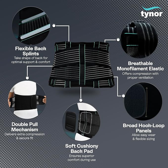 TYNOR Back Brace for Lower Back Pain with Lumbar Pad for Men & Women, Breathable Lumbar Support Brace with Adjustable Straps for Herniated Disc, Scoliosis & Lifting (XXL, Premium Black)