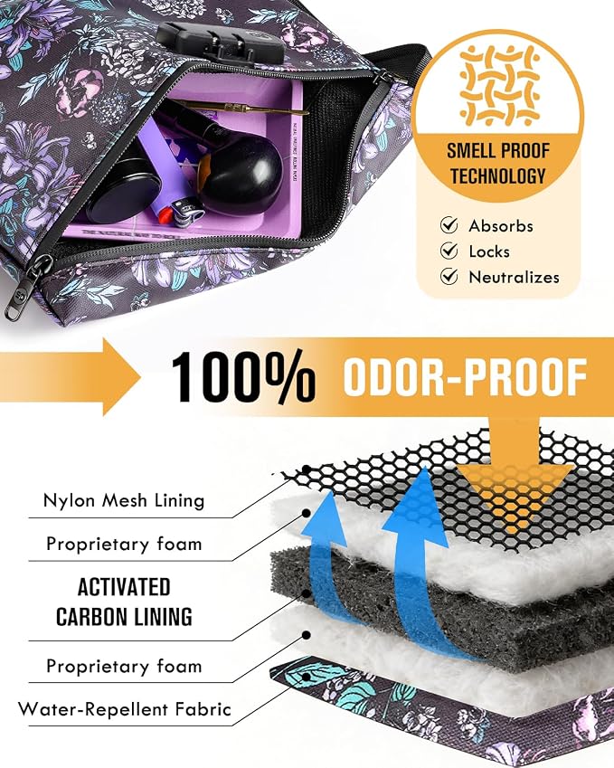 Smell Proof Bag, Odor Proof Bag with Combination Lock, Durable Smell Proof Container with Carbon Lining, Secure Odorless Travel Pouch for Home & On-the-Go (Purple Combo)