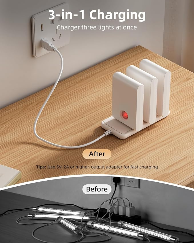 EZVALO 6 Pack Motion Sensor Night Lights with Charging Station, Sync LED Stair Lights Indoor, 1500mAh Rechargeable, Magnetic & Dimmable, 3000K Soft White, Portable Nightlight for Hallway, Stairs