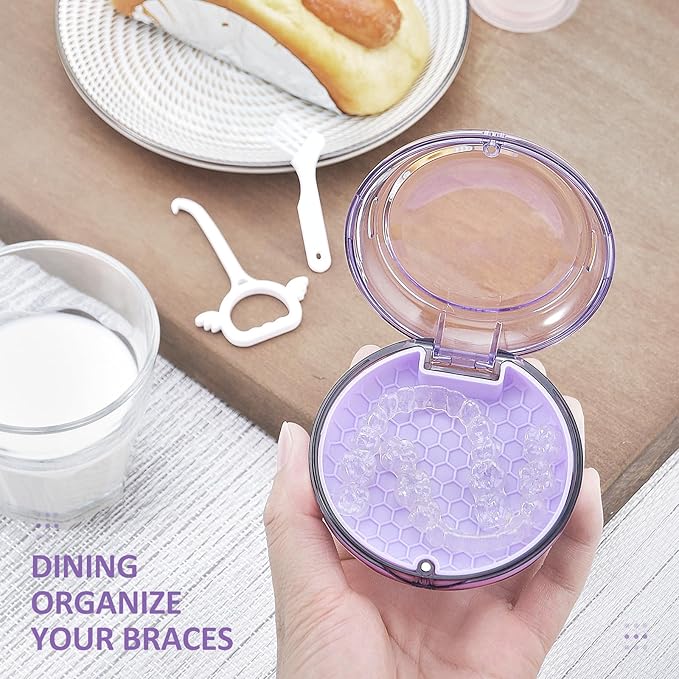 Retainer Case Slim Aligner Case with Vent Holes Cute Dental Brace Box with Retainer Removal Tool and Brush Compatible with Night Guard and Mouth Guard (Clear Purple)