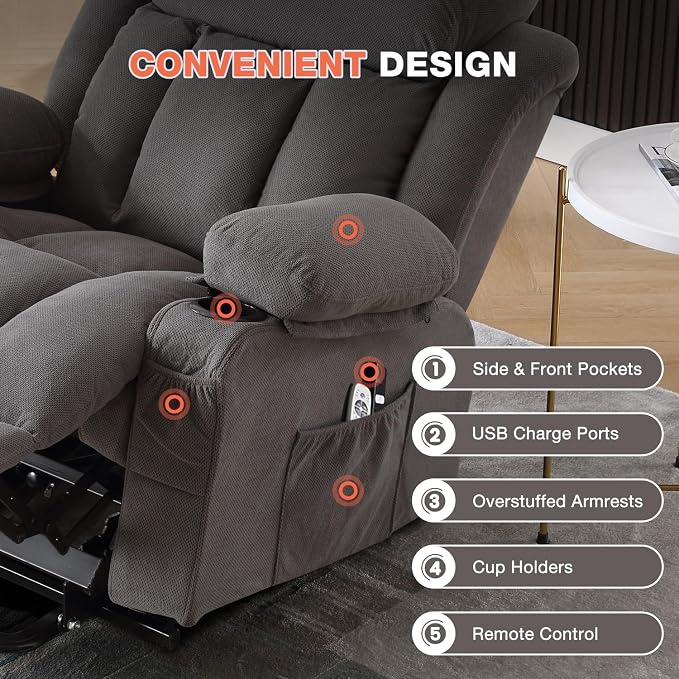 MAHOMICO Power Lift Recliner Chair for Elderly with Vibration Massage and Lumbar Heating,Electric Lift Recliner Single Sofa with Side Pocket,Two Cup Holders and USB Charge Port for Living Room