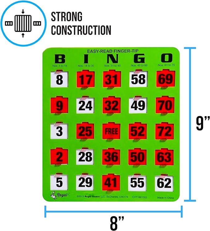 Regal Bingo - Shutter Slide Bingo Cards Only - 8” x 9” - 5-Ply Green Cardstock - Easy to Read - No Duplicates - Red Sliding Windows - Perfect for Large Groups, Bulk Purchasing