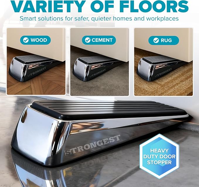 STRONGEST HOME Stoppers for Bottom of Door – Heavy Duty Metal Rubber Door Stopper, Non-Slip Door Stop for Heavy Doors, Works on Wood, Tile & Carpet Floors, Wedge Chrome 1 PC + 1 White Wall Protectors