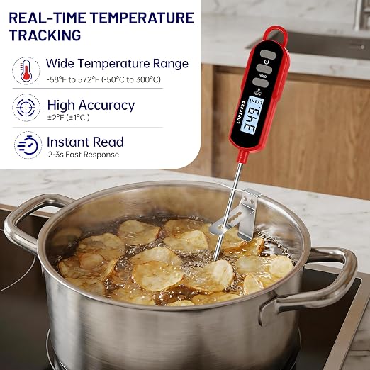 LONICERA Digital Candy Thermometer with Pot Clip, 11-Inch Probe, Red | 2–3 second instant read, IPX6 waterproof, backlit display, extra-long probe, for candy making, deep frying, oil and meat
