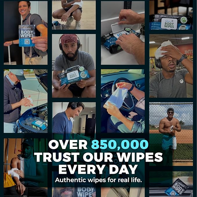 XL Body Wipes for Men – 50 No Rinse Shower Sheets + 4 Travel Bath Sachets, 10" x 11.5" Adult Disposable Washcloths and Face Towels for Camping, After Gym and Survival Gear