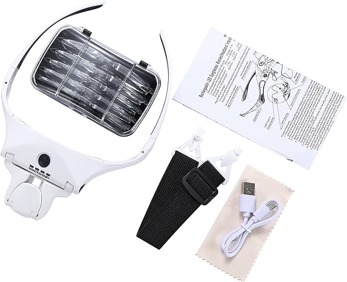 YOCTOSUN Magnifying Glasses with 4 LED Lights, Headband Magnifier with 5 Detachable Lenses 1X, 1.5X, 2X, 2.5X 3.5X -Rechargeable Hands Free Lighted Head Magnifier Glass for Crafts, Cross Stitch, Hobby