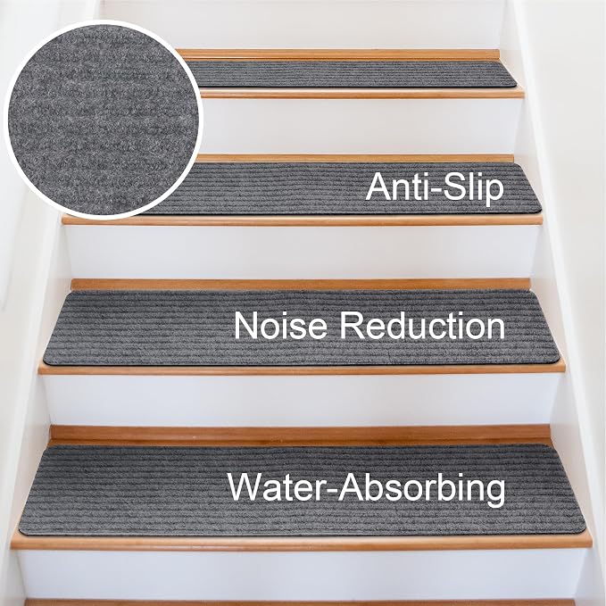 Extra Wide Non Slip Stair Treads for Wooden Steps 9" x36'' – 15 Pack Extra Wide Carpet Runners with Reusable Adhesive, Step Pads for Dogs, Kids, Seniors, Machine Washable – Dark Grey