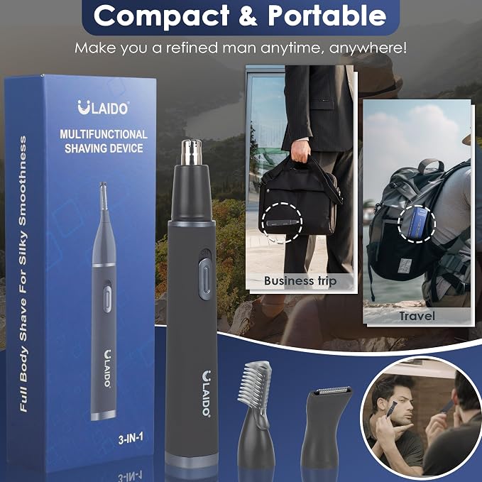 Nose Hair Trimmer for Men, Painless 3 in 1 Grooming Kit for Nose, Ear, Eyebrow & Body Hair, Rechargeable No Pull No Snag Trimming with 3 Waterproof Replacement Heads, Easy Cleansing