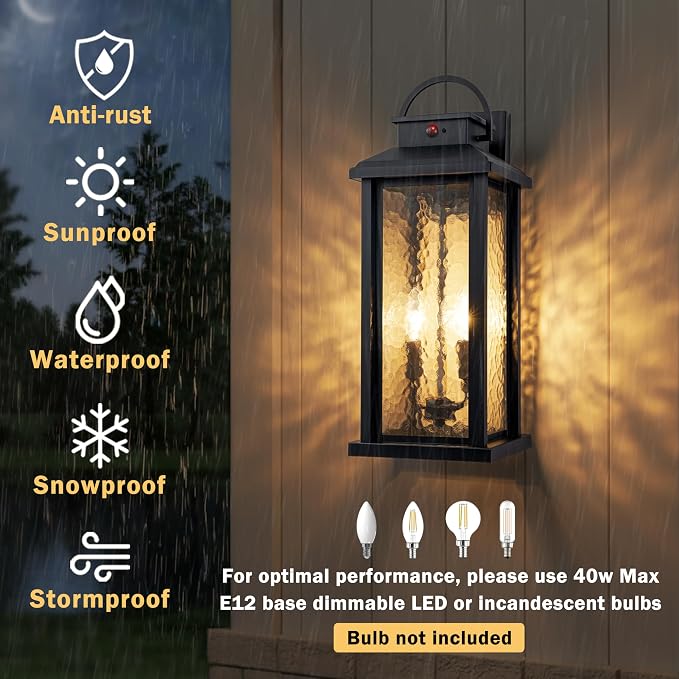20 Inch Large Motion Sensor Outdoor Wall Lights | Matte Black, 3 Lighting Modes, E12 Sockets, Water Glass, Hardwired, Waterproof Dusk to Dawn Outdoor Lighting For Patio Garage