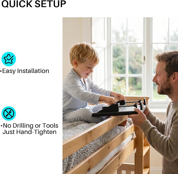 JOYMOOP Clip-On Bedside Shelf for Bunk Beds, Dorm Room Essentials, Bedside Caddy, No-Tool Install Bed Side Table Storage for Loft, Platform Beds, Nightstand Caddy for Phone, Glasses, Book, Black