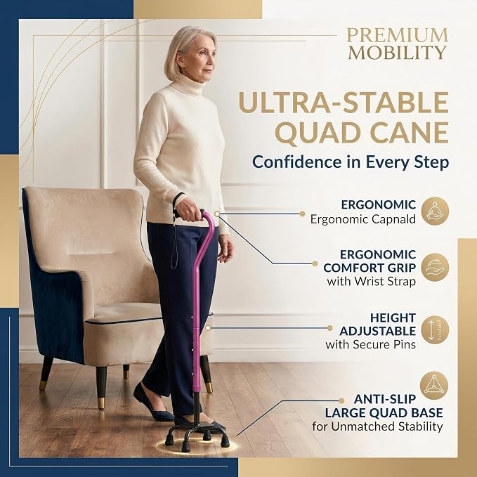 PARLORA Walking Cane 4 Prong for Stability - 3-in-1 Foldable Heavy Duty Cane with Interchangeable Quad & Single Bases, 8 Adjustable Heights, Offset Handle & Wrist Strap for Women, Men & Seniors