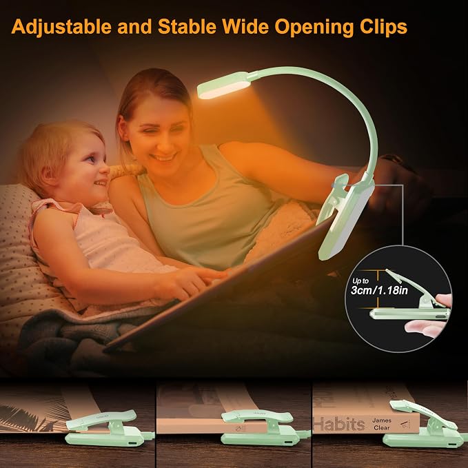 Gritin 16 LED Rechargeable Book Light for Reading in Bed | Eye Caring 3 Color Temperatures, Stepless Dimming Brightness, 80 Hrs Runtime, Lightweight Flexible Clip on Light-Cyan