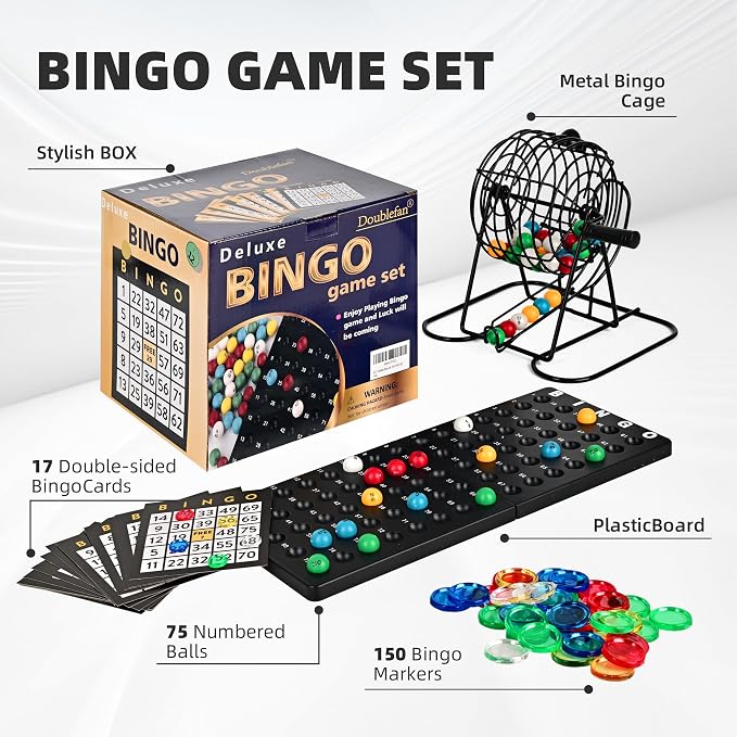 Doublefan Bingo Deluxe Game Set for Adults and Kids - Includes 8 Inch Wheel Cage, 75 Balls, Master Board, 50 Cards and Colorful Chips - Fun Family Game Night