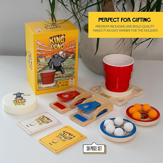 King Pong Original Shot Making Portable Pong Card Game for Kids, Teens & Adults | 1-4 Players | 12 Mini Games Included | Family Game Night, Travel & Party Fun