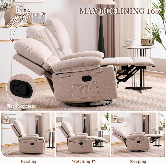 Recliner Chair for Adults, Nursery Glider Recliner with Massage and Heat, 360° Swivel Rocker Recliner, Manual Reclining Chair with Cup Holder, Side Pocket, Ergonomic for Moms and Elderly, Beige