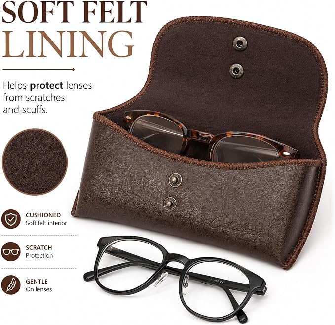 Calabria Double Snap Belt Loop Eyeglass Case PU Leather Brown Old School Vintage Eye Glasses Pouch Semi-Hard Sunglass Holder - 12PACK