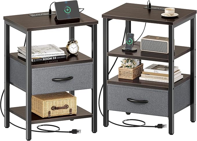SUPERJARE Nightstand Set of 2 with Charging Station, USB-C Port, End Tables | Night Stand for Bedroom, with Adjustable Fabric Drawer, 3-Tier Storage Bedside Tables for Living Room, Walnut