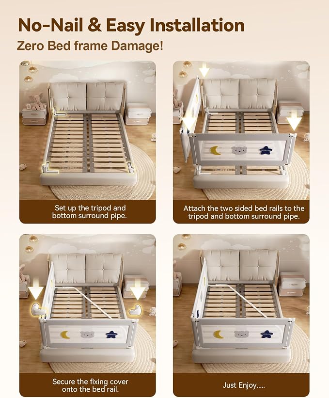 2 Piece Bed Rails for King Size Bed, No-Drill Needed Baby Bed Rail Guard | Thickened Child Safety Side Railing Guards, Height Adjustable Bedrail for Kids, 2-Side for King Bed , 74.8”x78.7”,Grey Star