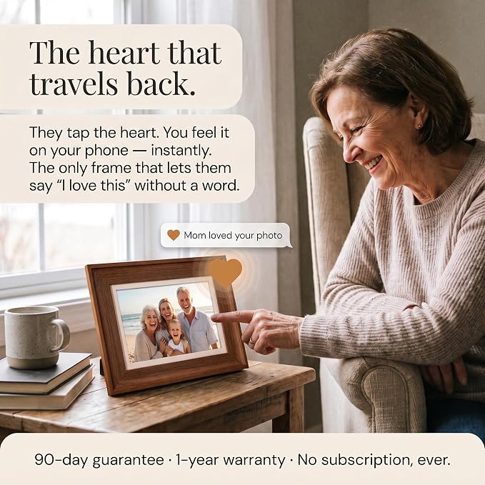 Heart Frame - 10.1 Inch WiFi Digital Picture Frame - Frameo App Sends Photos from Phone Anywhere in Seconds - 1280x800 IPS Touchscreen - 32GB Memory - Photo Gift for Mom Dad Wife Grandparents - Brown