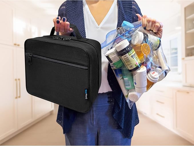 Large Medicine Organizer Bag – 10 Pocket Pill Bottle Organizer for Travel & Home Storage, Black