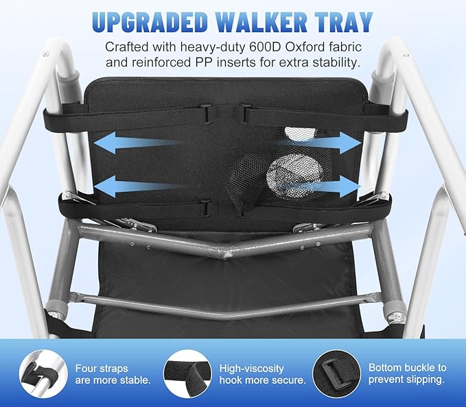 Rhino Valley Walker Tray for Folding Walker,Tray for Walker with Cup Holder | Tray for Walkers with Non-Slip Mat for Food, 3 Front Pockets & 6 Cup Holders, Walker Accessories for Senior, Black